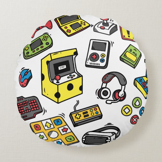 Video game, doodle set round cushion (Front)