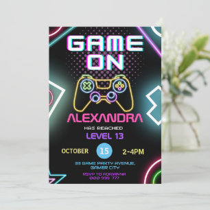 Video Game Gamer Girl Neon Birthday Invitation