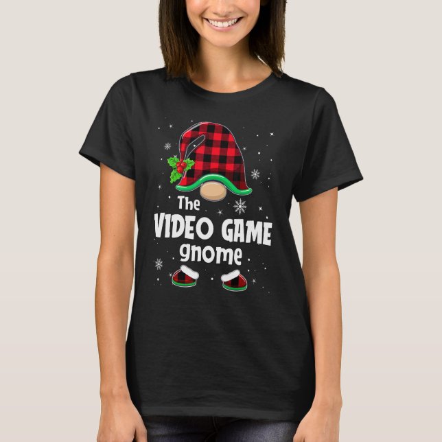 Video Game Gnome Buffalo Plaid Christmas Matching  T-Shirt (Front)