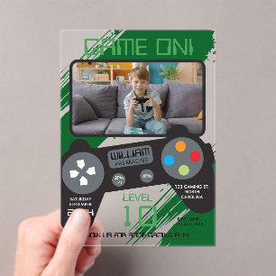 Video Game Green Cool Boy Photo Birthday Party Acrylic Invitations