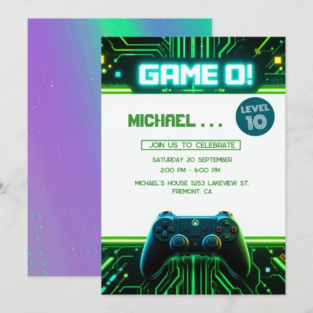 Video Game Green Kids Birthday Party Invitation (Front/Back)