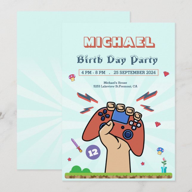 Video Game Kids Birthday Party Invitation (Front/Back)
