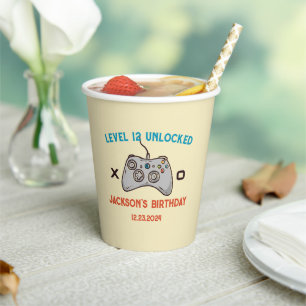 Video Game Level Unlocked Gamer Boy Men's Birthday Paper Cups