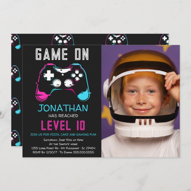 Video Game Level up Gamer Birthday Photo Invitation (Front/Back)