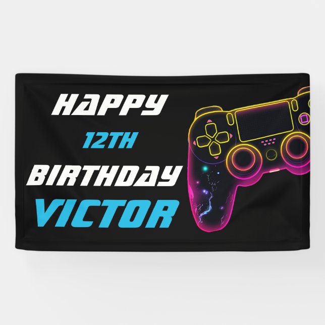 Video Game Level up Gamer Neon Birthday Banner (Horizontal)
