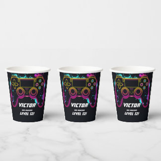 Video Game Level up Gamer Neon Birthday Paper Cups
