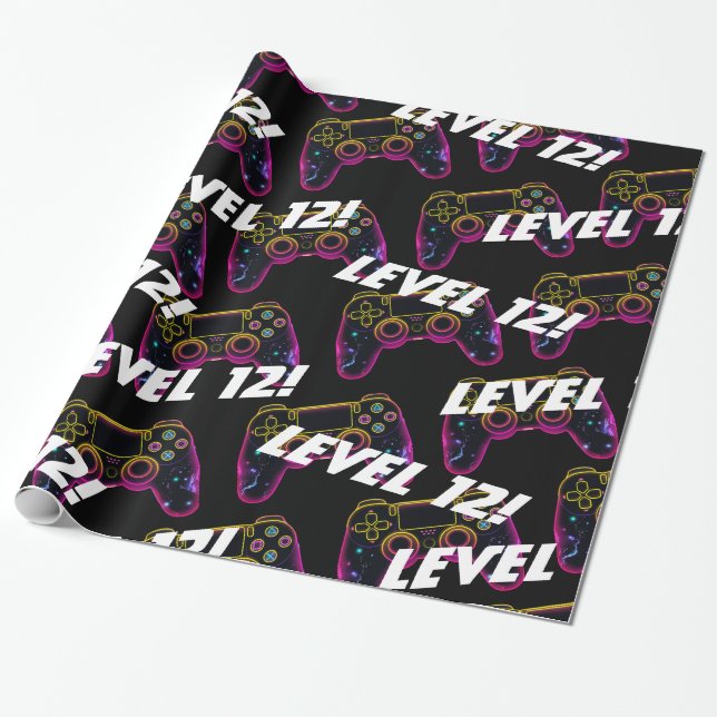 Video Game Level up Gamer Neon Birthday Wrapping Paper (Unrolled)