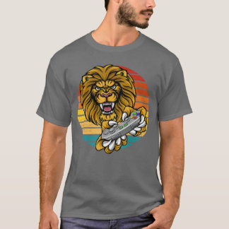 Video Game Lion Gamer Gaming Retro Sunset African  T-Shirt