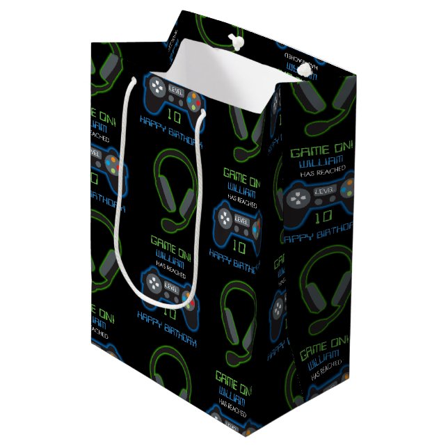 Video Game Neon Blue & Green Birthday Age Name Medium Gift Bag (Front Angled)