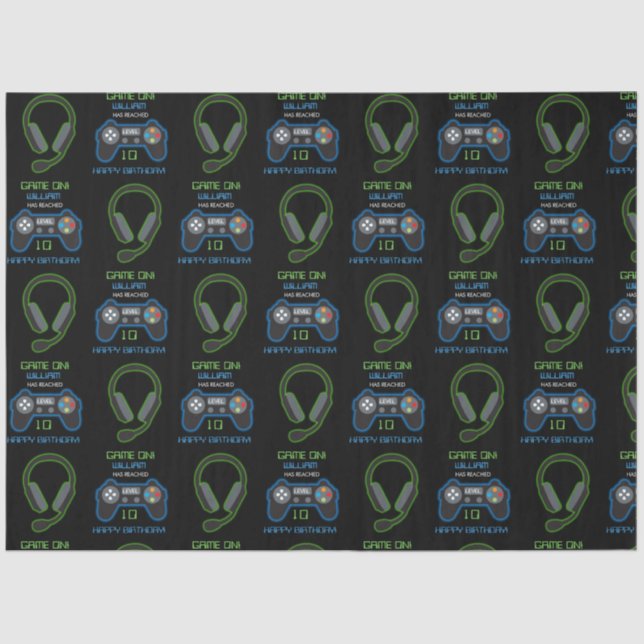 Video Game Neon Blue & Green Birthday Age Name Tissue Paper (Front)