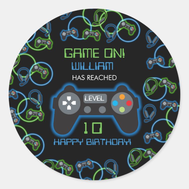 Video Game Neon Blue & Green Birthday Party Classic Round Sticker (Front)