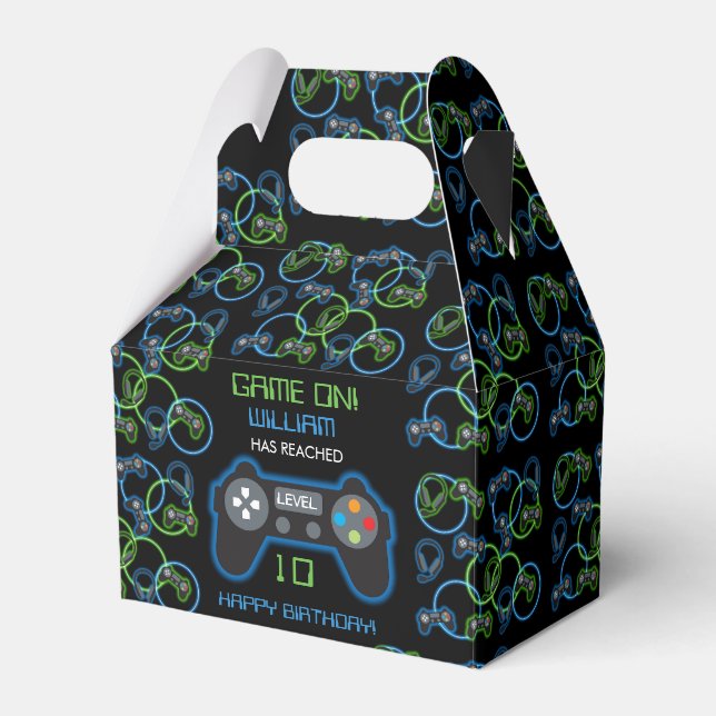Video Game Neon Blue & Green Birthday Party Favour Box (Front Side)