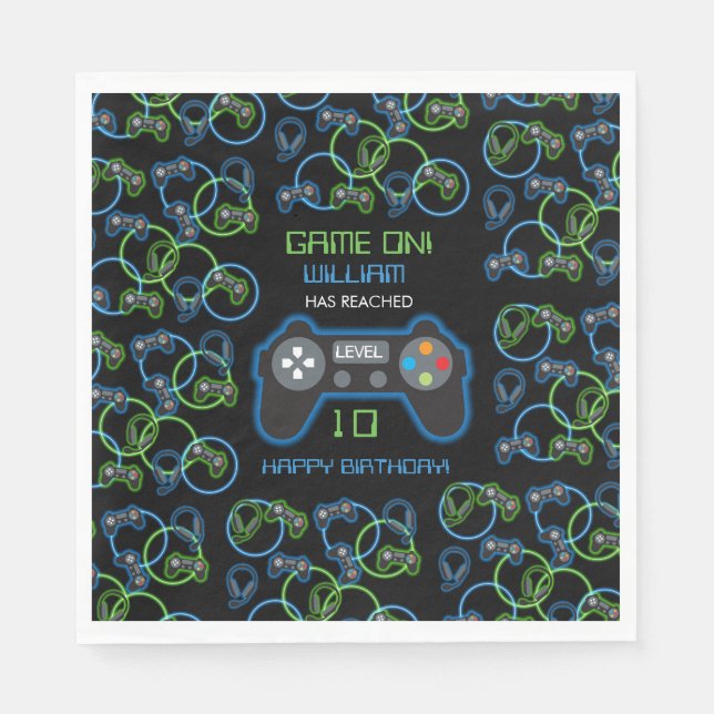 Video Game Neon Blue & Green Birthday Party Napkin (Front)
