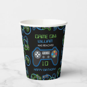 Video Game Neon Blue & Green Birthday Party Paper Cups