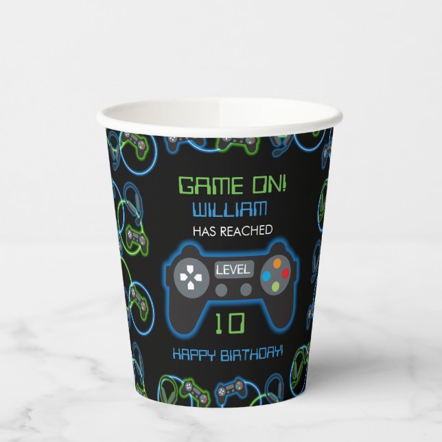 Video Game Neon Blue & Green Birthday Party Paper Cups (Left)