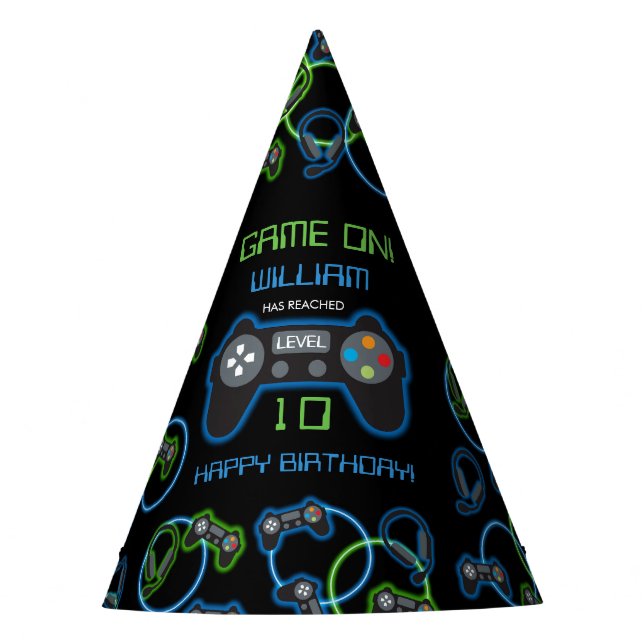 Video Game Neon Blue & Green Birthday Party Party Hat (Front)