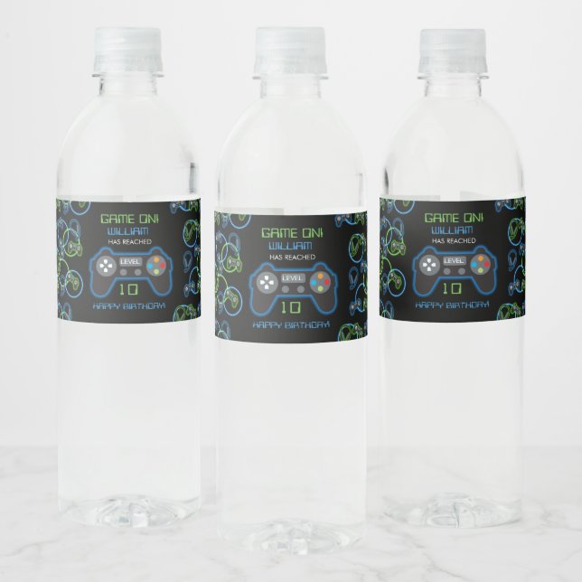 Video Game Neon Blue & Green Birthday Party Water Bottle Label (Bottles)