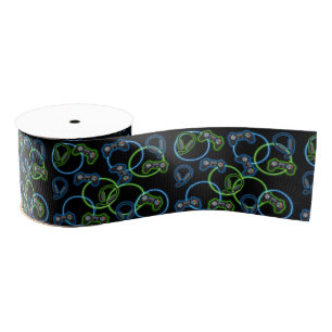 Video Game Neon Blue & Green Pattern Grosgrain Ribbon