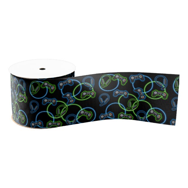 Video Game Neon Blue & Green Pattern  Grosgrain Ribbon (Spool)