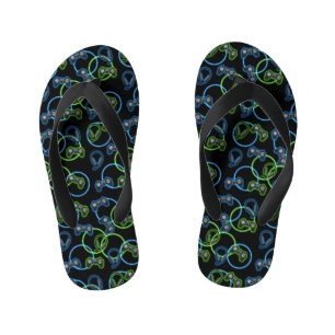 Video Game Neon Blue & Green Pattern  Kid's Flip Flops