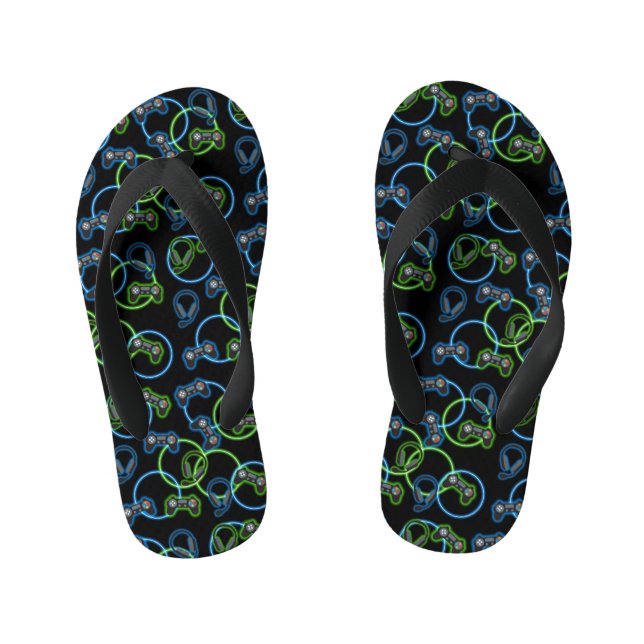 Video Game Neon Blue & Green Pattern  Kid's Flip Flops (Footbed)