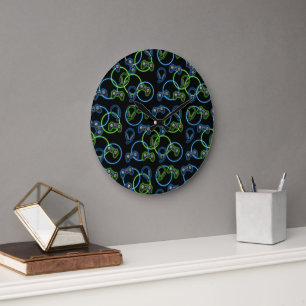 Video Game Neon Blue & Green Pattern  Large Clock