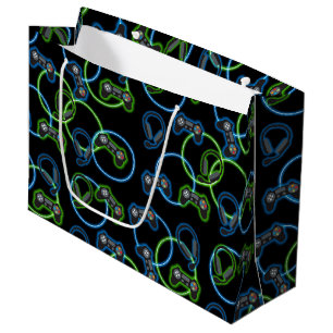 Video Game Neon Blue & Green Pattern  Large Gift Bag