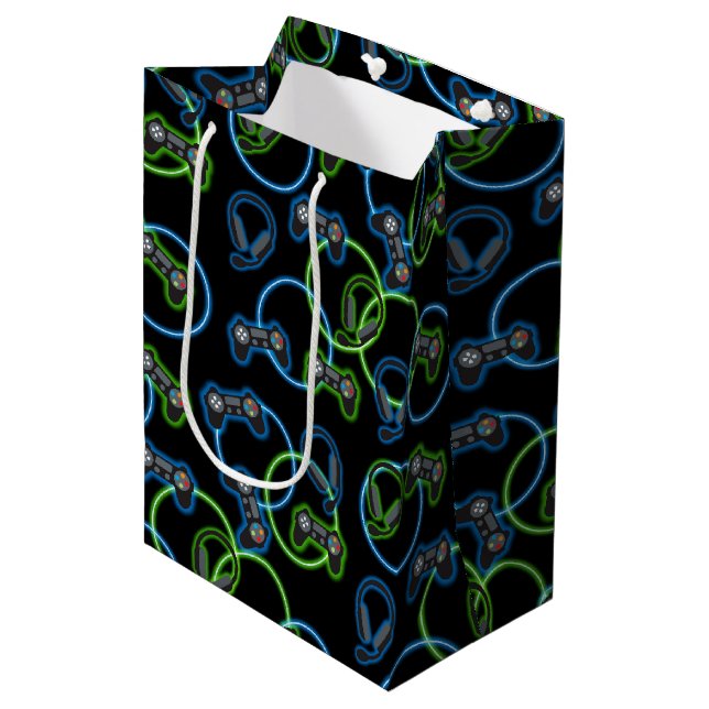 Video Game Neon Blue & Green Pattern  Medium Gift Bag (Front Angled)