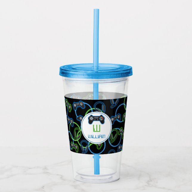 Video Game Neon Blue & Green Pattern Monogram Acrylic Tumbler (Front)