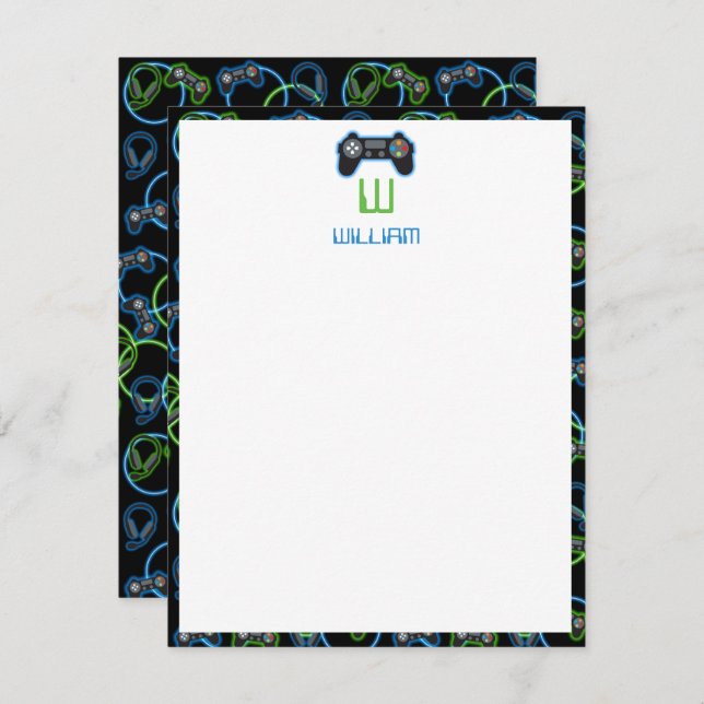Video Game Neon Blue & Green Pattern Monogram Card (Front/Back)