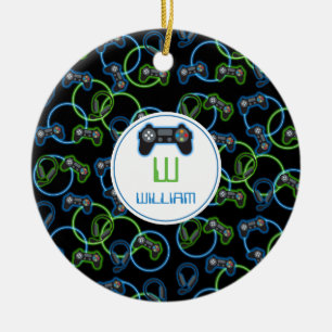 Video Game Neon Blue & Green Pattern Monogram Ceramic Tree Decoration