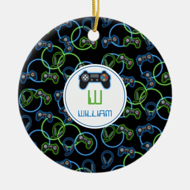 Video Game Neon Blue & Green Pattern Monogram Ceramic Tree Decoration (Front)