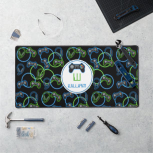 Video Game Neon Blue & Green Pattern Monogram Desk Mat