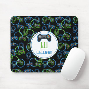 Video Game Neon Blue & Green Pattern Monogram Mouse Mat