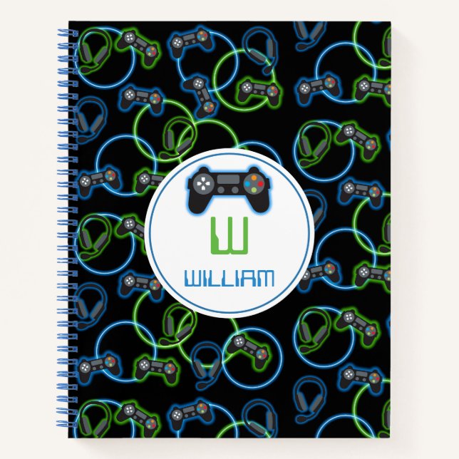 Video Game Neon Blue & Green Pattern Monogram Notebook (Front)