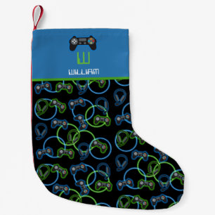 Video Game Neon Blue & Green Pattern Monogram Small Christmas Stocking