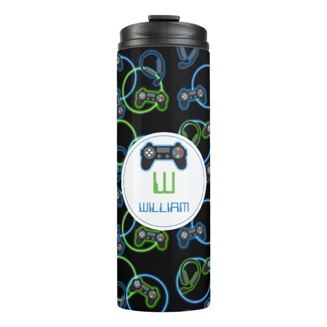 Video Game Neon Blue & Green Pattern Monogram Thermal Tumbler (Front)