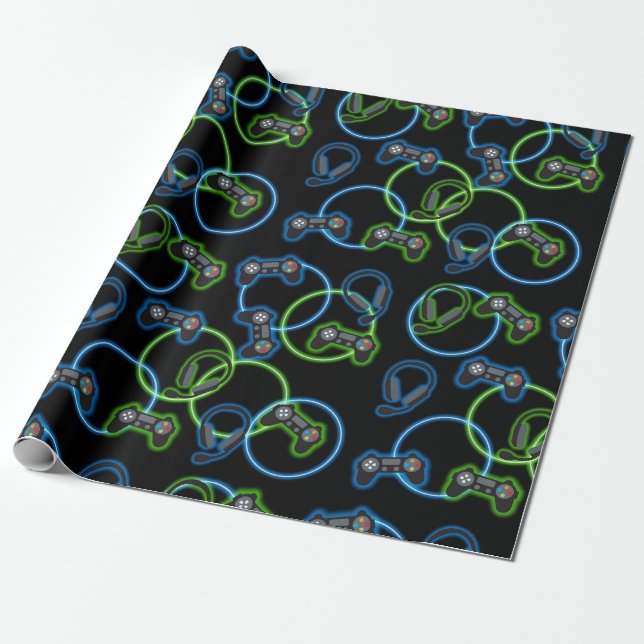 Video Game Neon Blue & Green Pattern  Wrapping Paper (Unrolled)