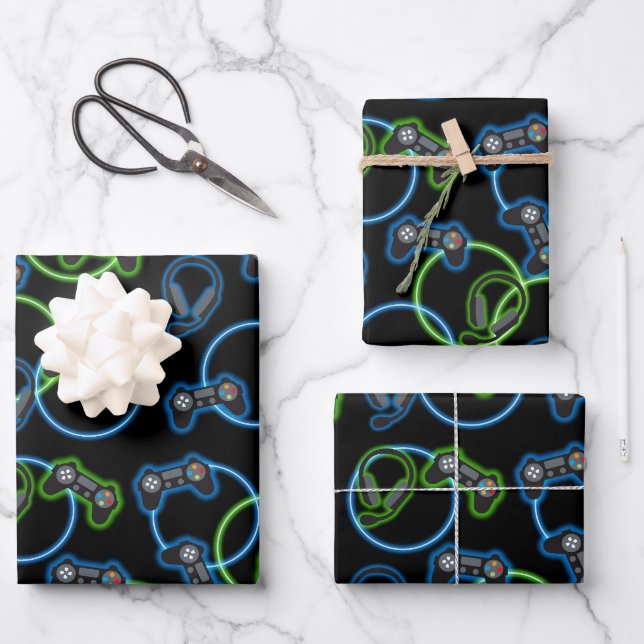Video Game Neon Blue & Green Pattern  Wrapping Paper Sheet (Front)