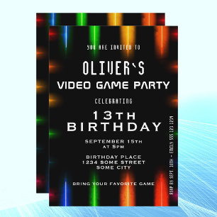 Video Game Neon Colour Gaming Birthday  Invitation