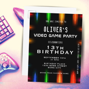 Video Game Neon Colour Gaming Birthday Invitation Postcard