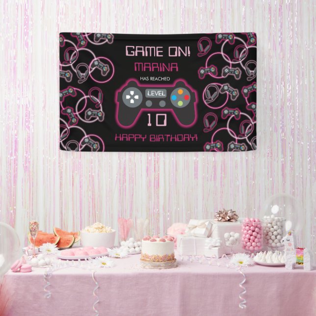 Video Game Neon Pink Girls Birthday Party Banner (Party)