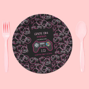 Video Game Neon Pink Girls Birthday Party Paper Plate