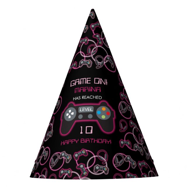 Video Game Neon Pink Girls Birthday Party Party Hat (Front)