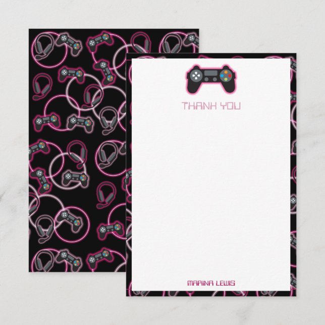 Video Game Neon Pink Girls Pattern Kids Thank You Card (Front/Back)