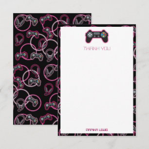 Video Game Neon Pink Girls Pattern Kids Thank You Card