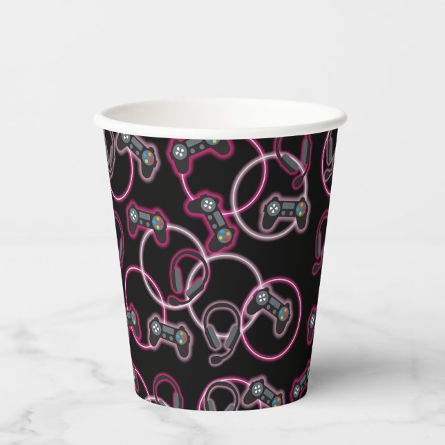 Video Game Neon Pink Girls Pattern  Paper Cups (Front)