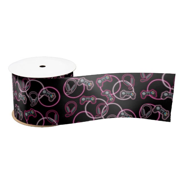 Video Game Neon Pink Girls Pattern  Satin Ribbon (Spool)