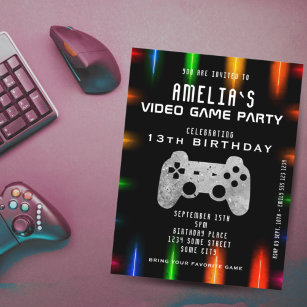 Video Game Party Controller Neon Gaming Birthday Invitation