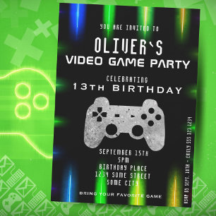 Video Game Party Controller Neon Gaming Birthday Invitation